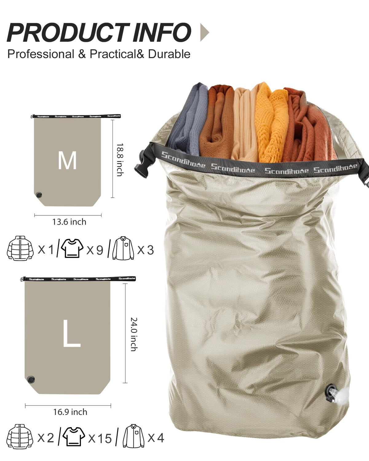 EPEDAL24 Travel Laundry Bag with roll-top closure keeps contents secure on the go.
