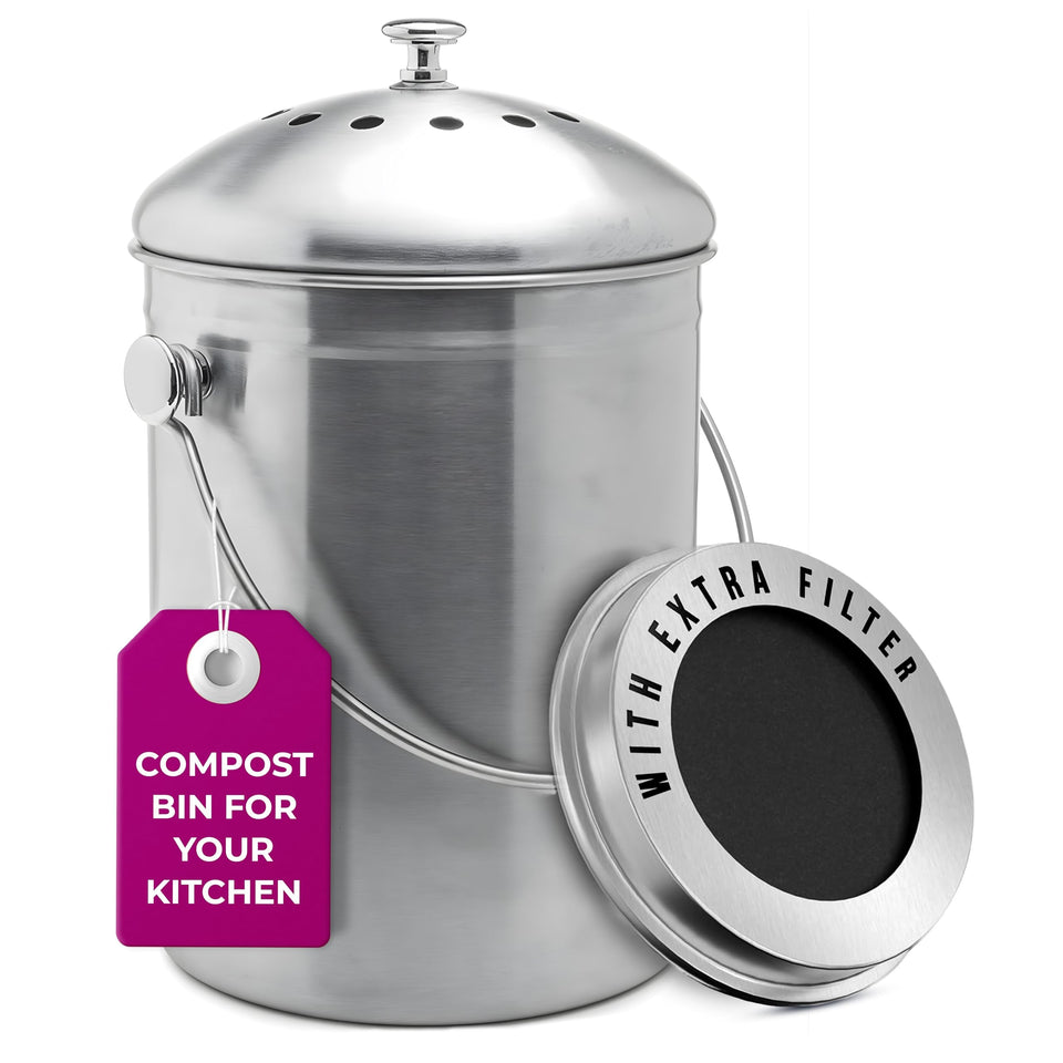 Epica countertop compost bin with lid on kitchen counter, stainless steel finish.