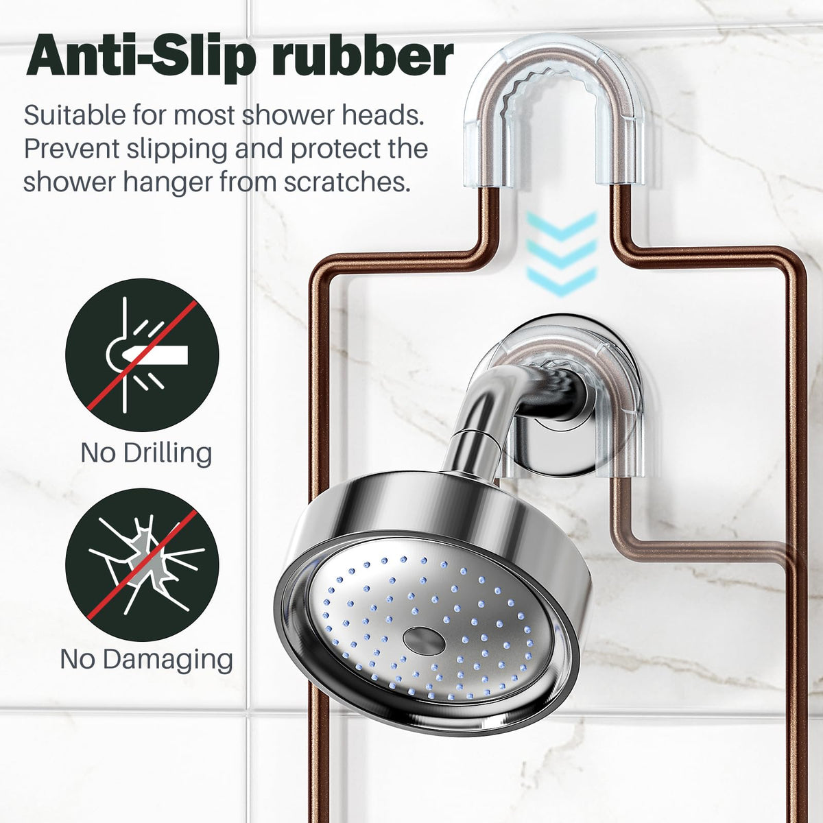 Epicano caddy fits most standard shower heads for a seamless look.