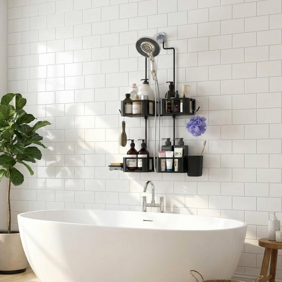 Epicano four-basket design keeps shampoos and soaps within easy reach