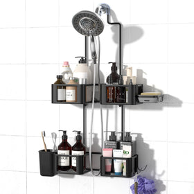 Epicano hanging shower caddy on an overhead arm with four baskets for organized essentials