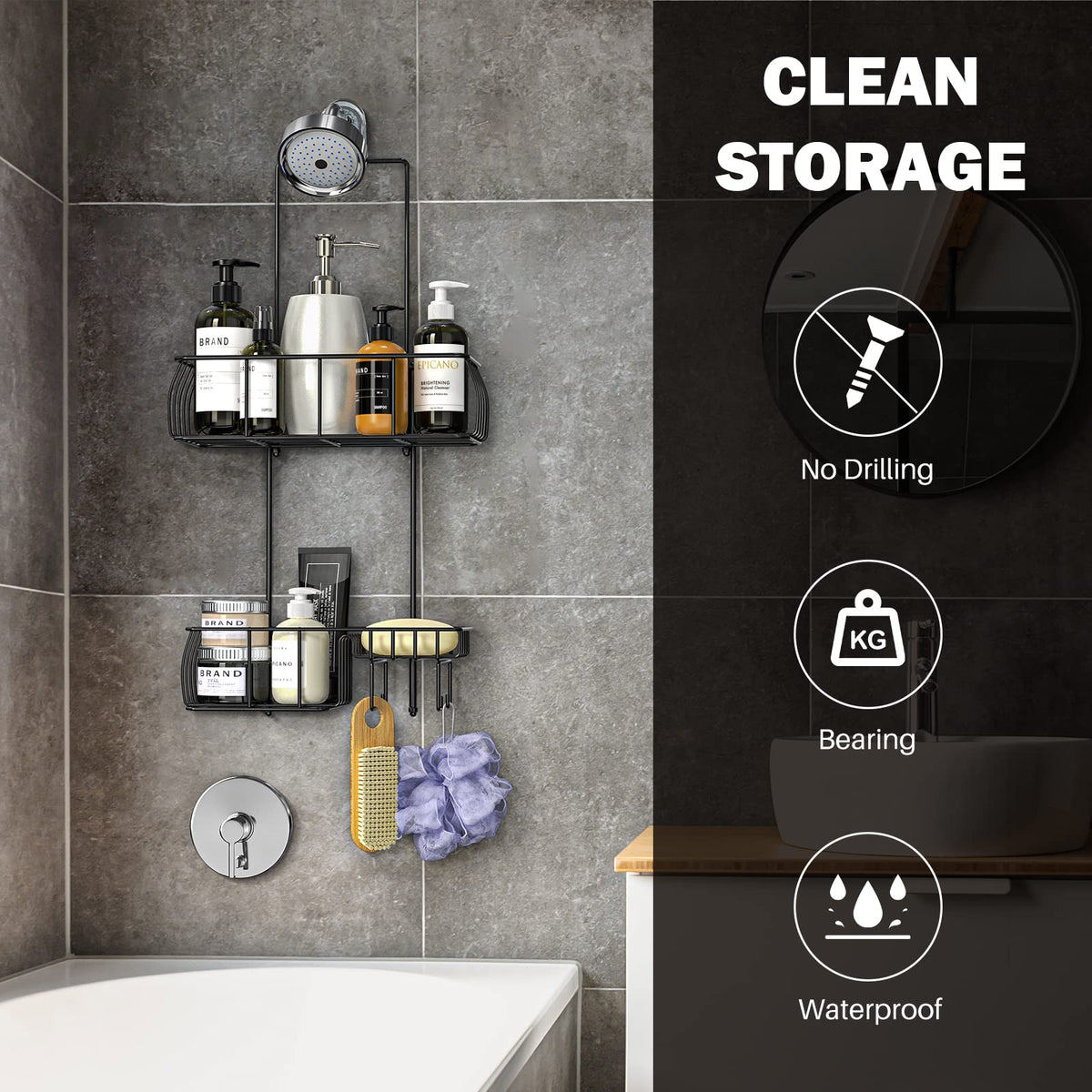 Epicano shower caddy anti-swing design offers stable use when reaching for products.