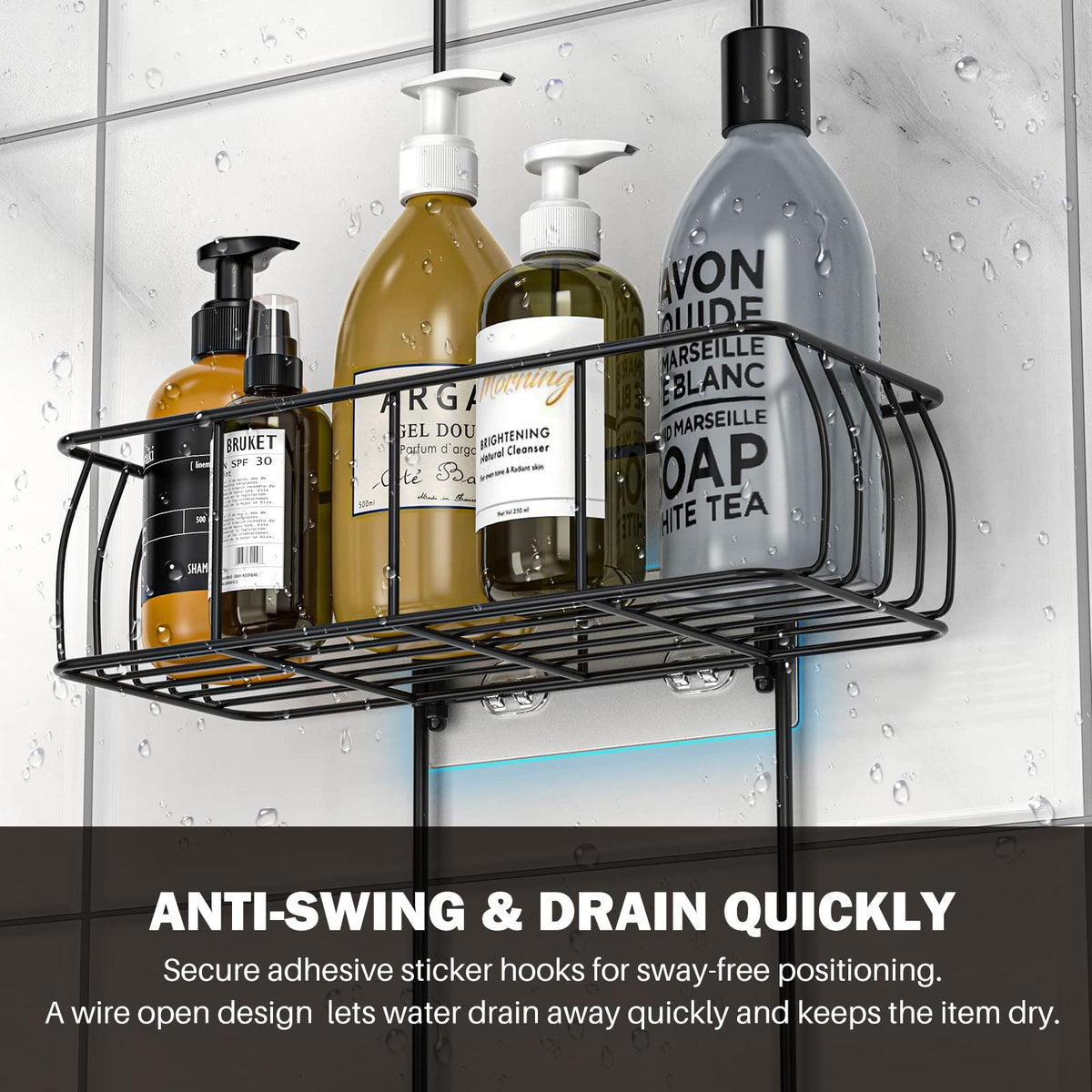 Epicano caddy includes four hooks to hold sponges and towels.