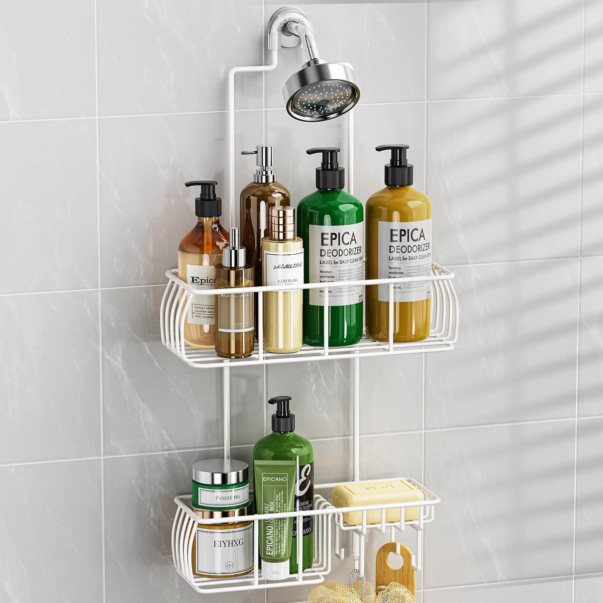 Epicano Shower Caddy hanging overhead with anti-swing grip for stable storage.