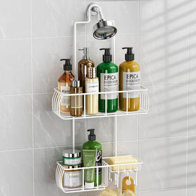 Epicano Shower Caddy hanging overhead with anti-swing grip for stable storage.