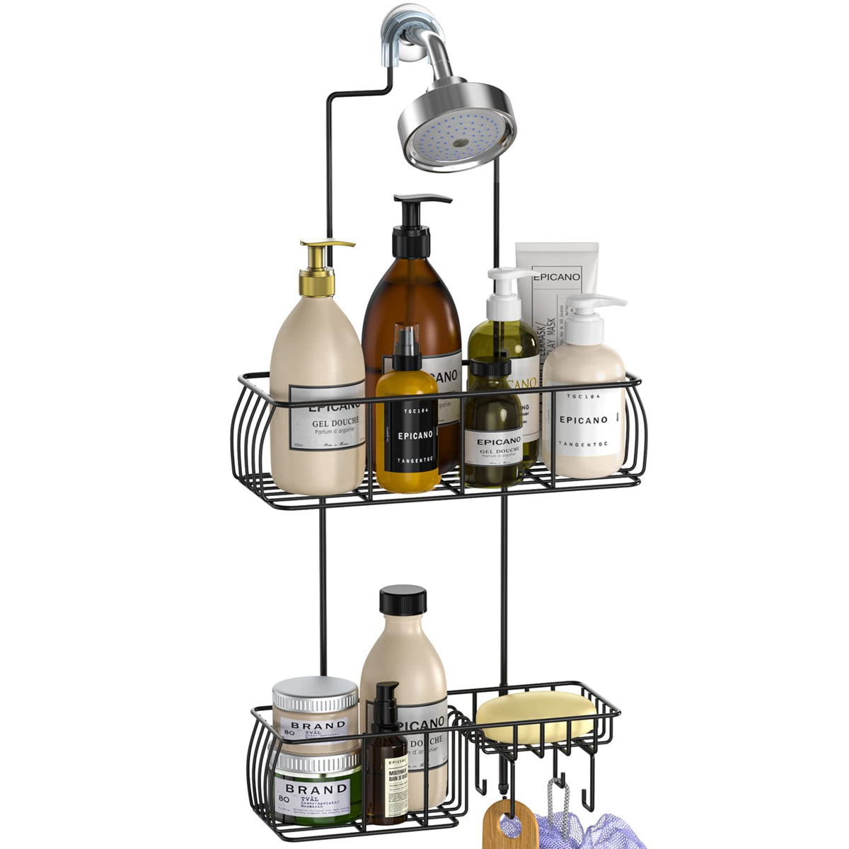 Epicano shower caddy hanging overhead keeps tall bottles organized and within reach.
