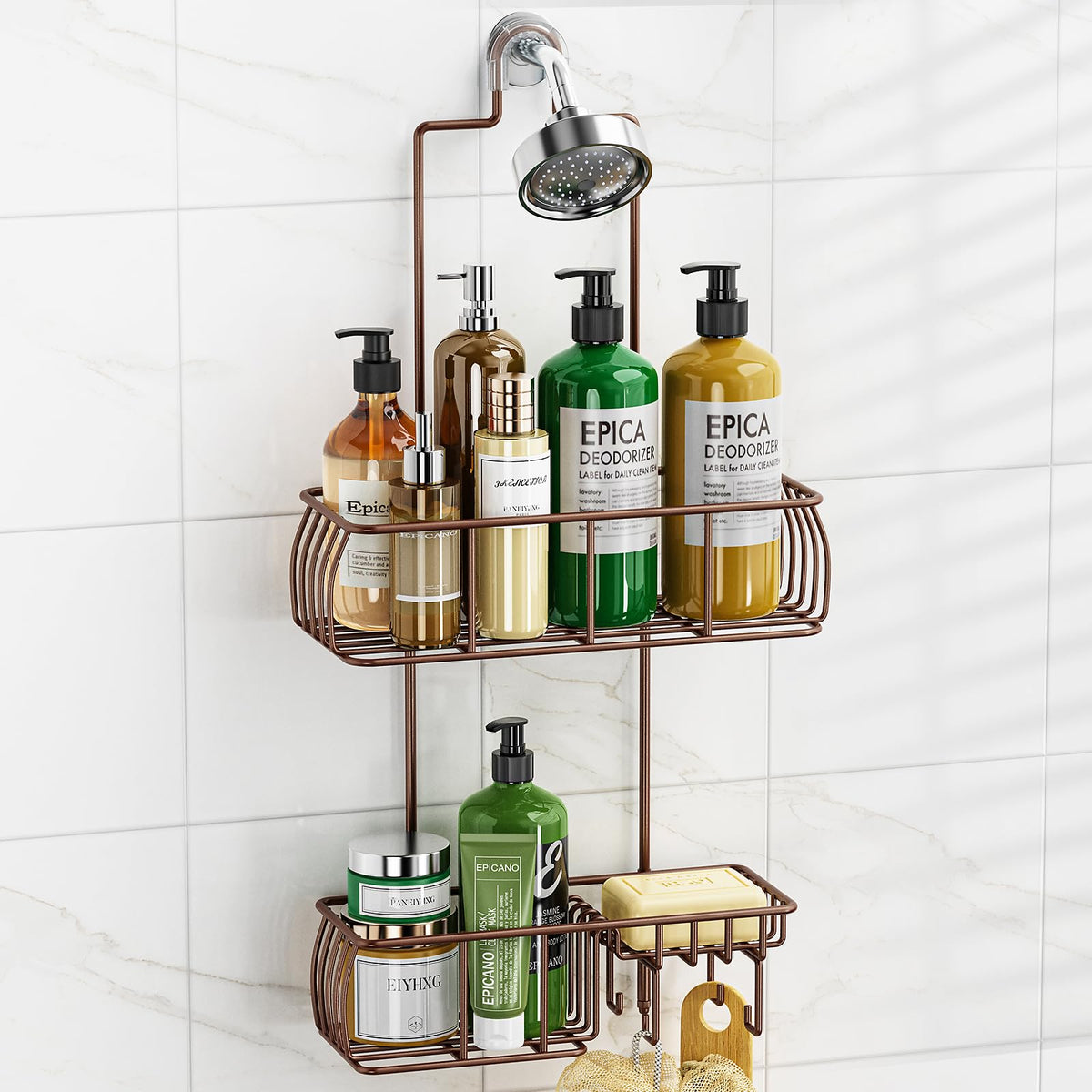 Epicano overhead bronze shower caddy with anti-swing design for stable storage.