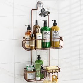Epicano overhead bronze shower caddy with anti-swing design for stable storage.