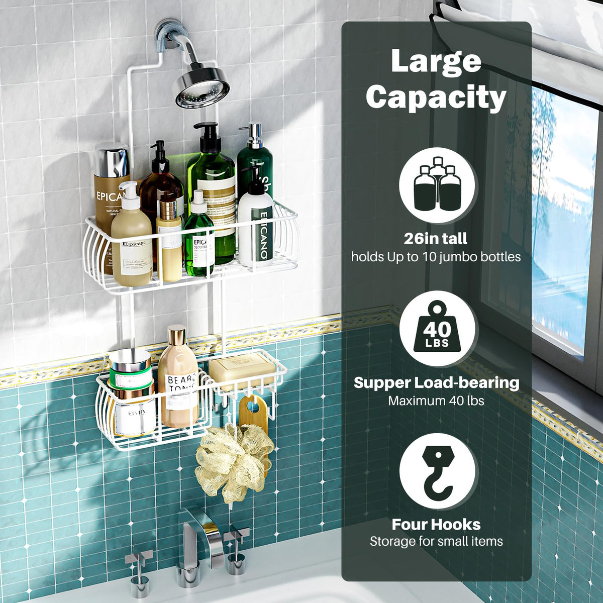 Epicano rustproof stainless steel caddy with two deep baskets for tall bottles.