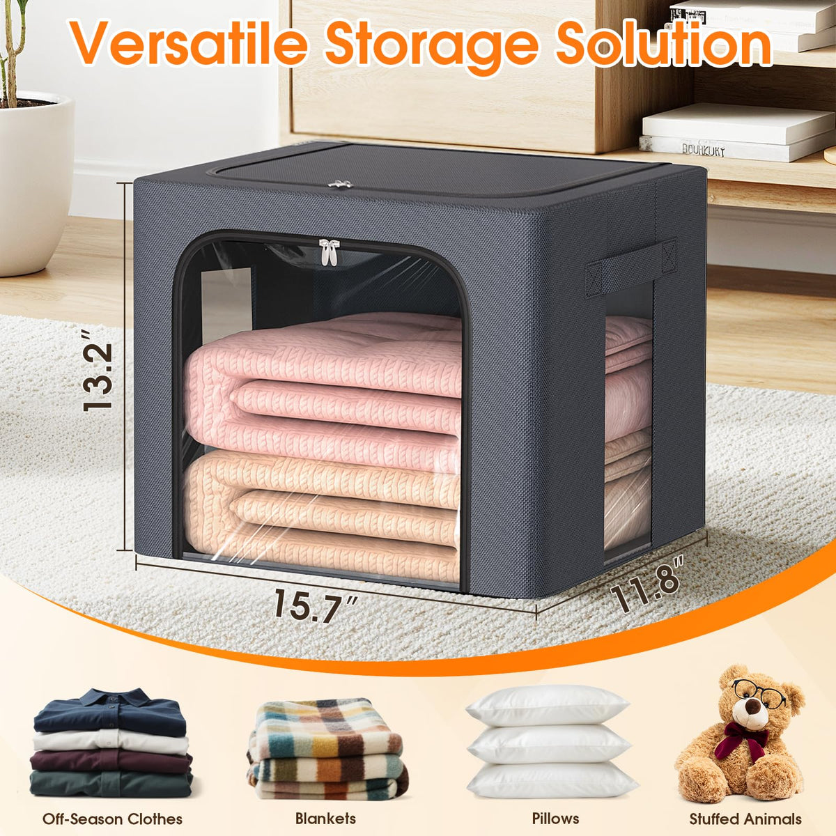 40L storage bin dimensions shown for spacious closet organization.