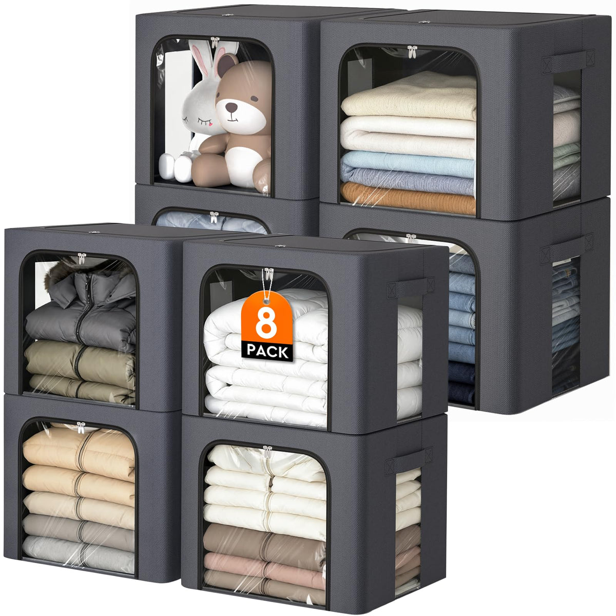 EpicTotes 8-pack bins with metal frame and clear windows for easy visibility.