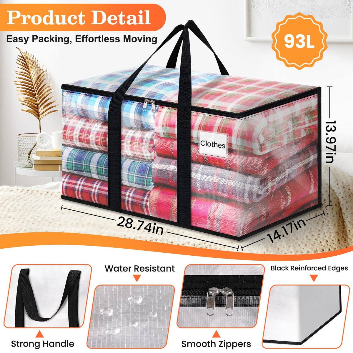 EpicTotes 93L moving bag fabric shows water-repellent protection