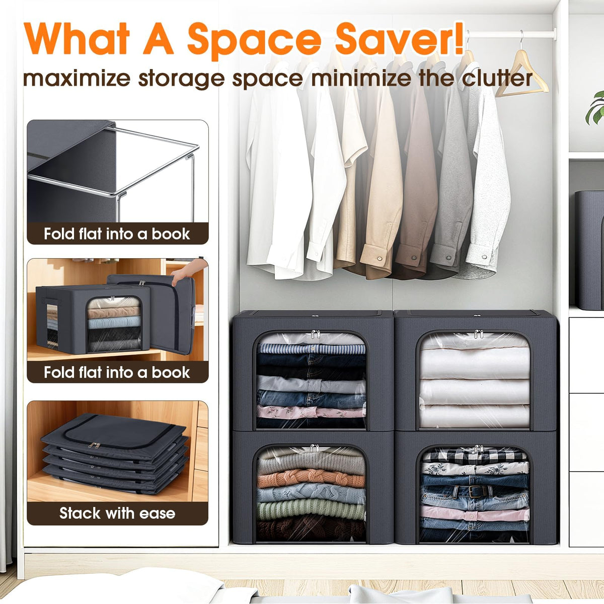 EpicTotes stackable design maximizes space while keeping items within reach.