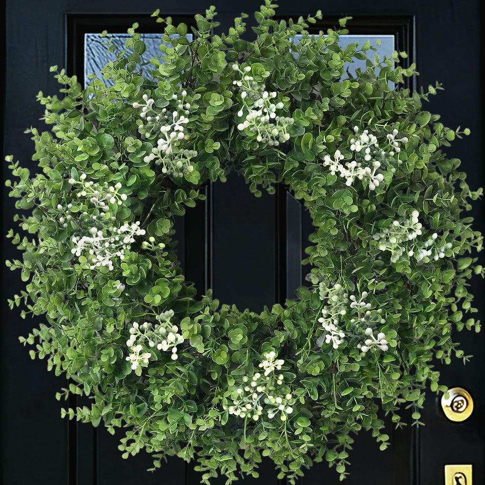 Eqanro 26-28 inch boxwood wreath on front door enhances curb appeal with year-round greenery.