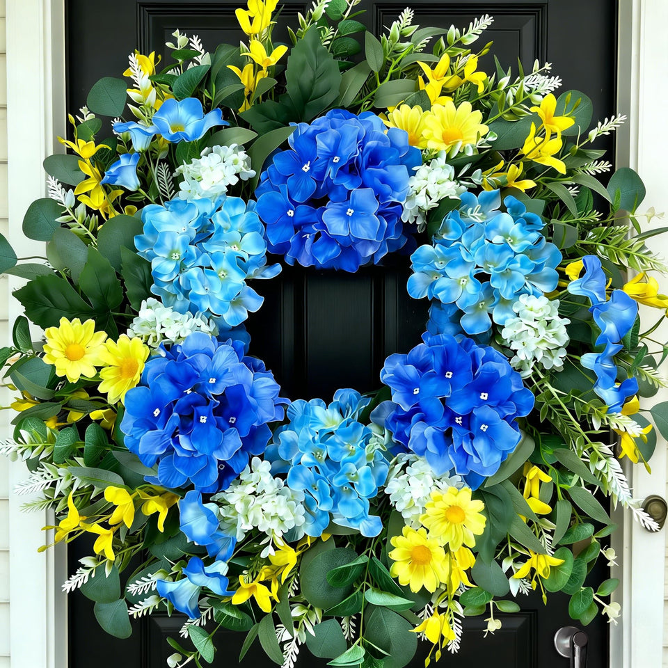 Eqanro 26-inch spring wreath for front door with blue hydrangeas and daisies, for seasonal curb appeal.