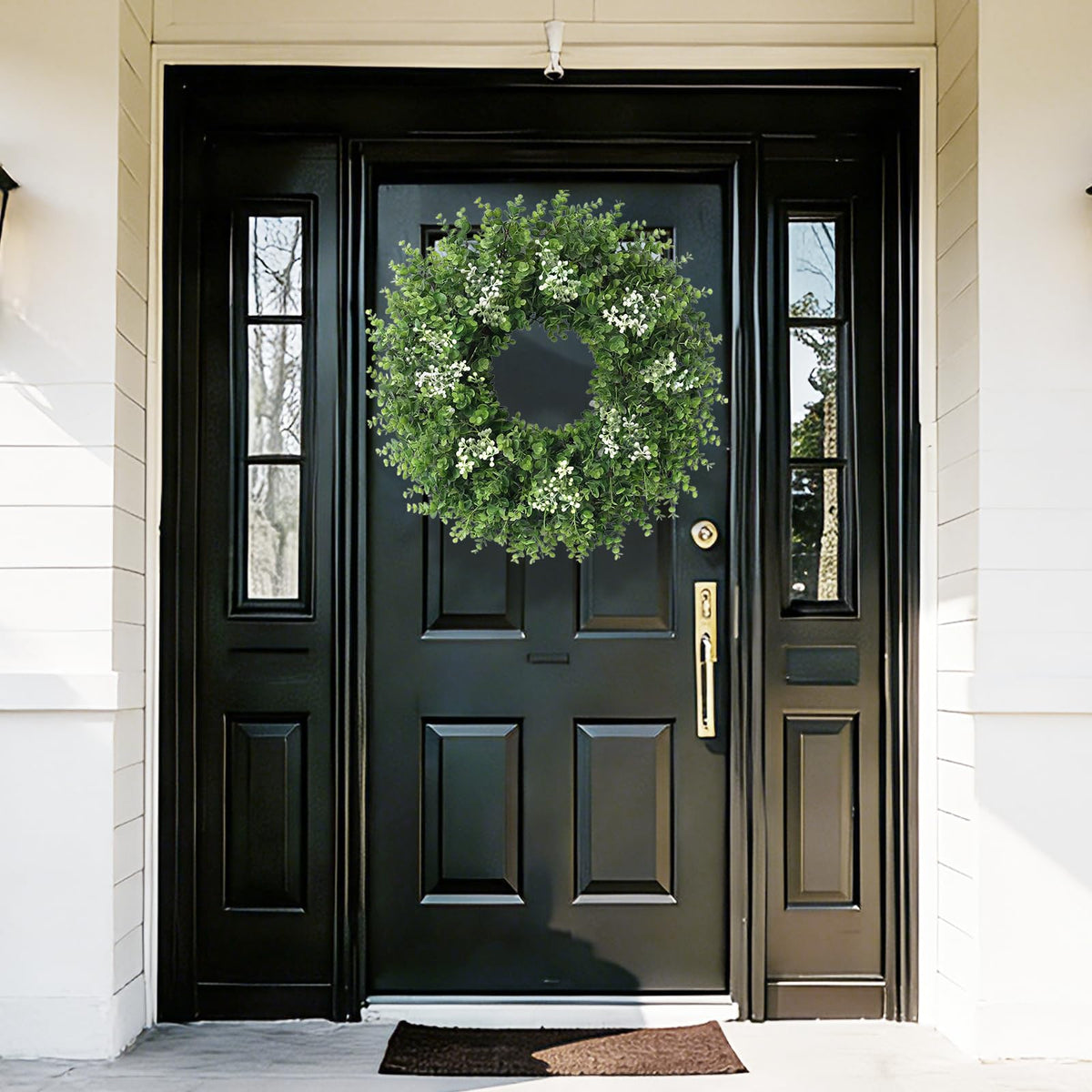 Eqanro boxwood wreath for indoor and outdoor use enhances porch or wall.