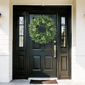 Eqanro boxwood wreath for indoor and outdoor use enhances porch or wall.