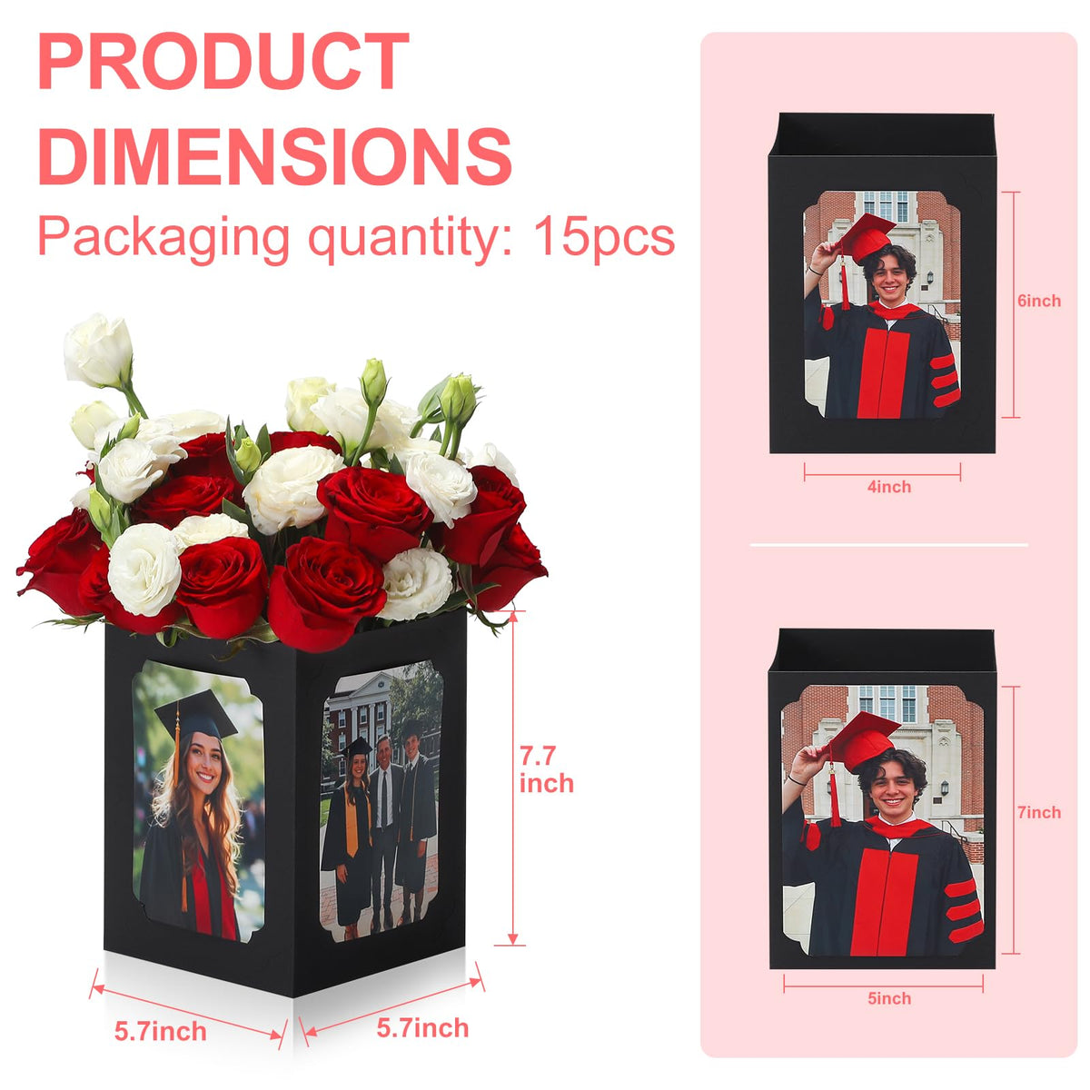 EQOREIIN graduation box front display with photos and flowers creates a personal focal point