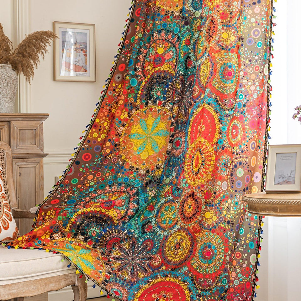 Erbnaryx boho curtains full view with geometric dot colorful pattern for living room