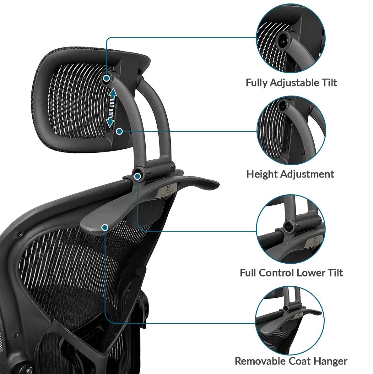 ERGOKING headrest attachment on Aeron with adjustable mechanism enables precise height and tilt settings.