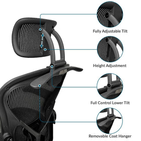 ERGOKING headrest attachment on Aeron with adjustable mechanism enables precise height and tilt settings.
