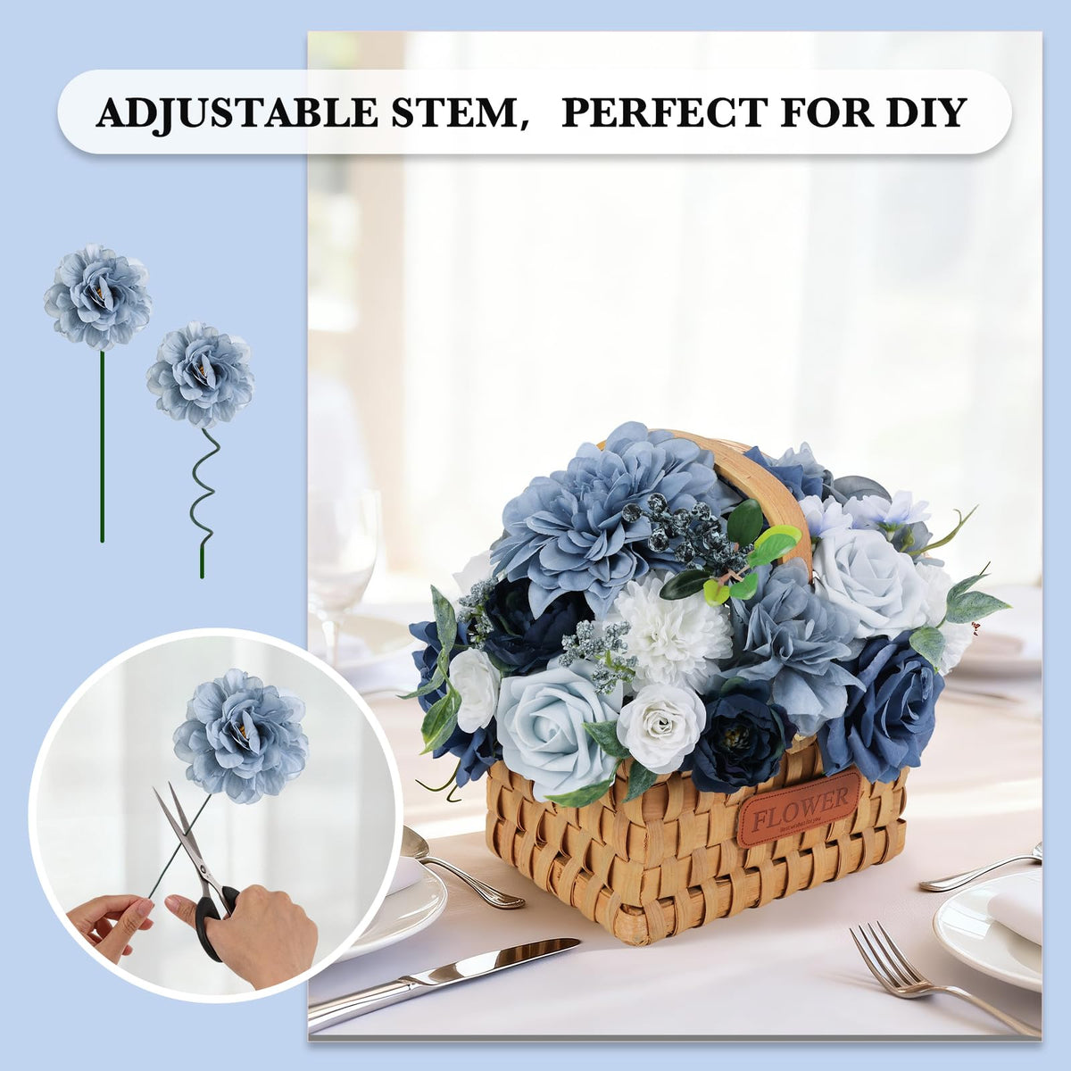 Erhalings dusty blue baby shower decor with silk bouquets for a soft ambiance.