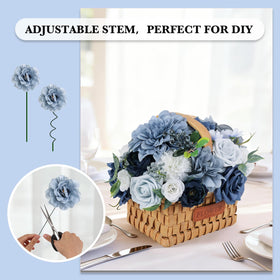 Erhalings dusty blue baby shower decor with silk bouquets for a soft ambiance.