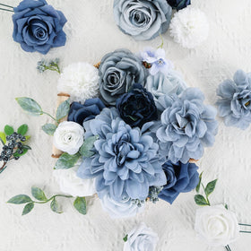 Erhalings dusty blue dahlias detail with textured petals for elegant centerpieces.