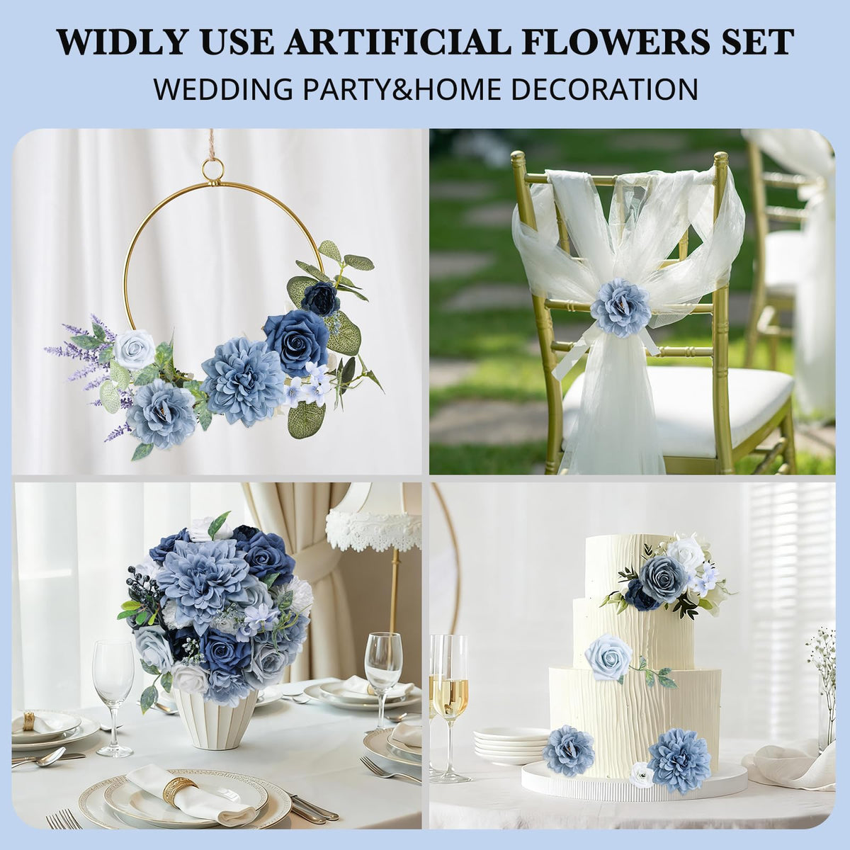 Erhalings dusty blue DIY centerpiece with adjustable stems for flexible layouts.