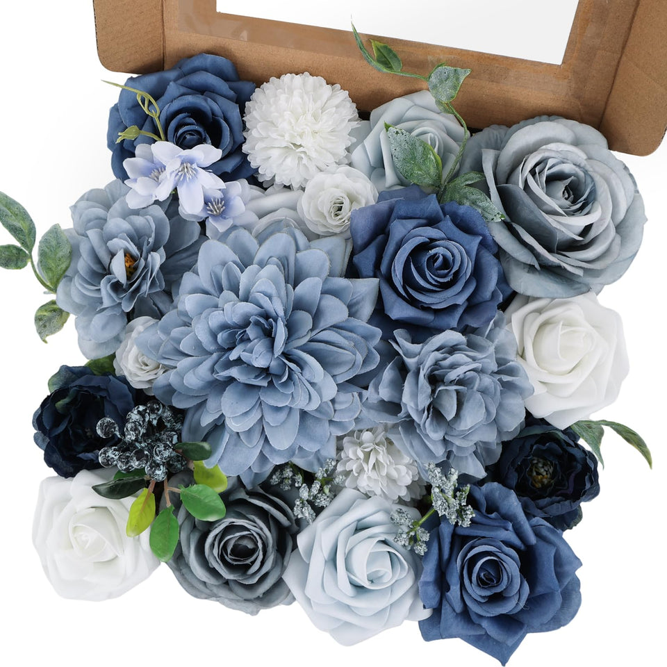 Erhalings dusty blue roses close-up showing realistic silk petals for wedding bouquets.