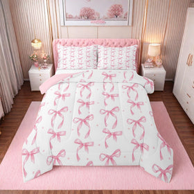 Erosebridal girls pink bow full comforter set shown front view with cheerful bow design.