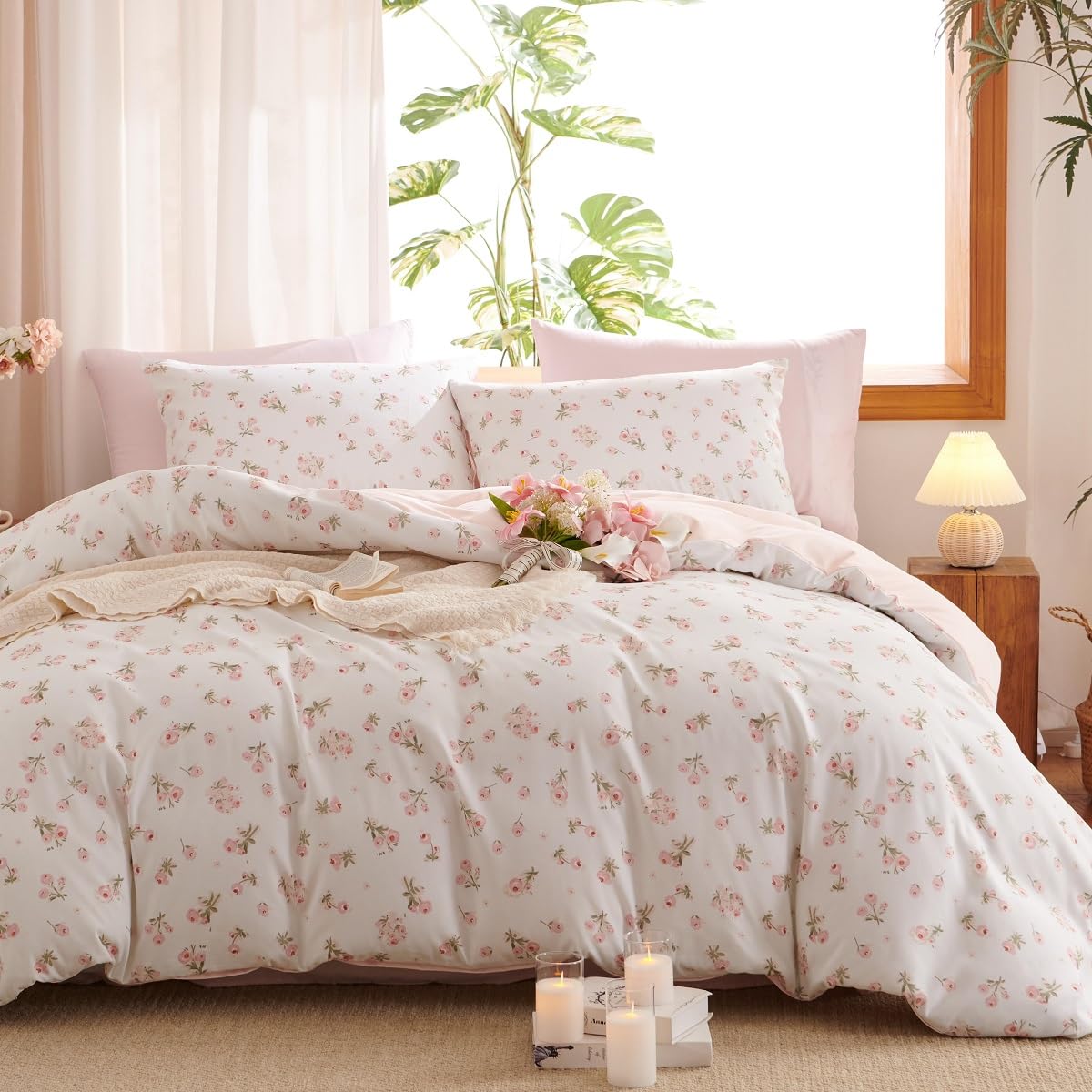 Erwinmu floral comforter full with pink and white blossoms for a soft, cozy bed.