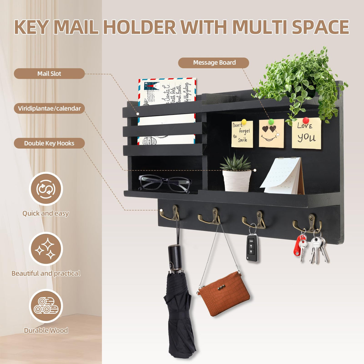 Eryvik solid wood key organizer for entryways with natural grain and sturdy design.