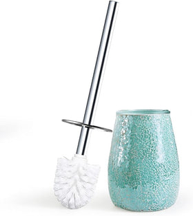 Escenzy turquoise mosaic holder for the toilet brush enhances bathroom decor with practical storage.