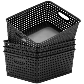 Eslite plastic storage basket assembly shows sturdy weave for neat pantry organization.