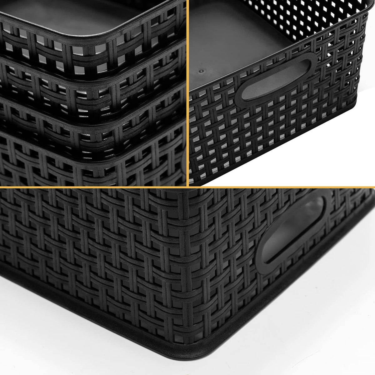 Eslite plastic storage basket dimensions 11x8.5x4.7 fit compact shelves.