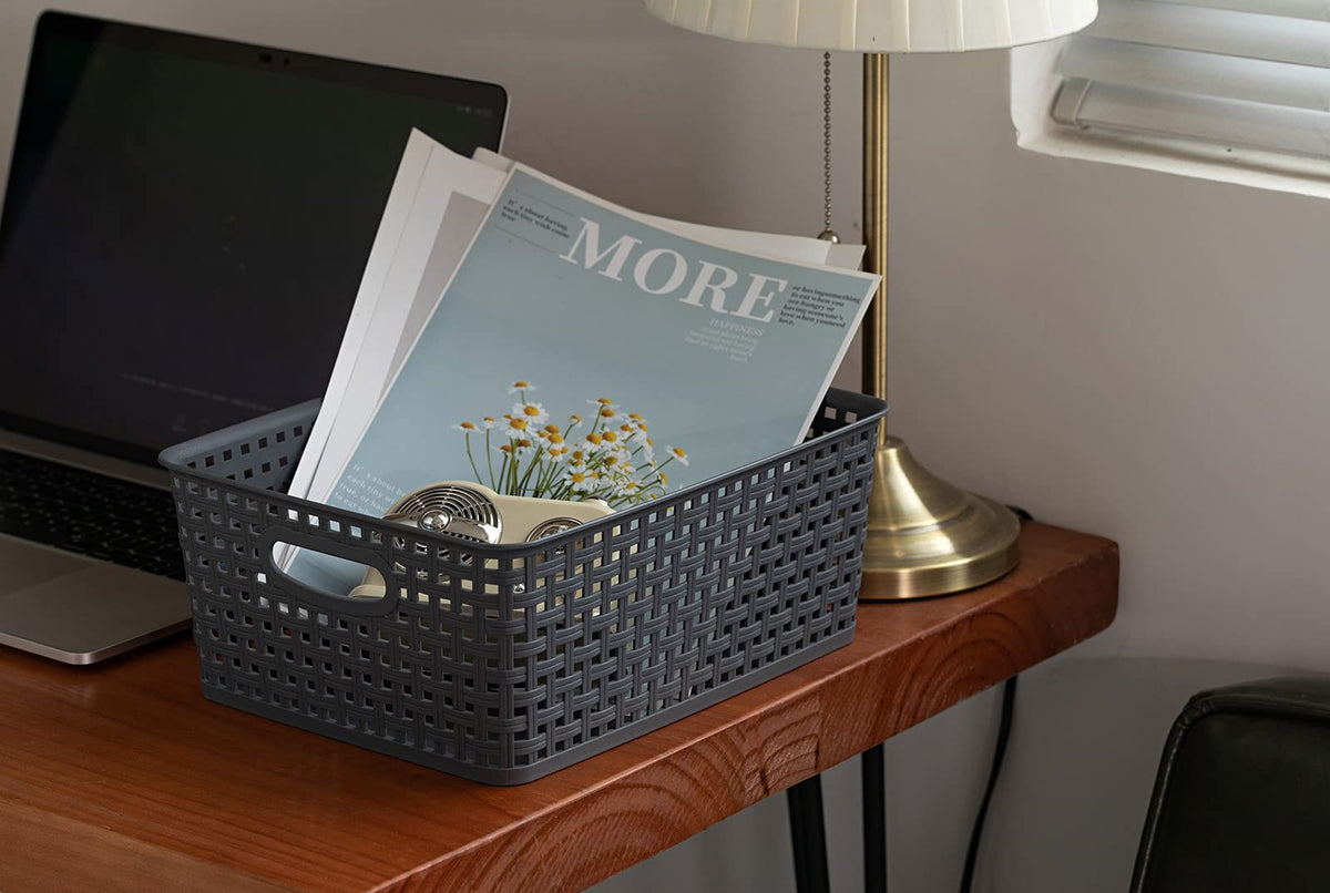 Office desk with Eslite basket keeping pens and cables tidy