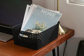 Eslite plastic storage basket pack offers versatile storage options.