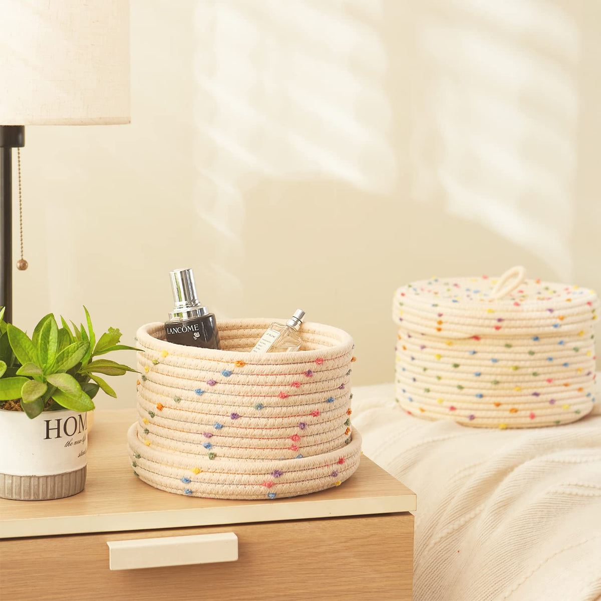 Esme L&H entryway setup with baskets for clutter-free surfaces