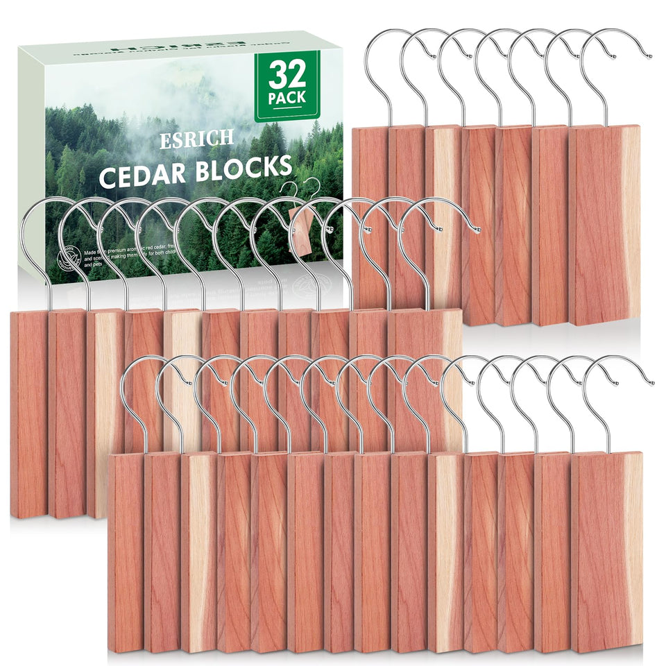 ESRICH cedar blocks 32-pack displayed for closet freshness and organization.