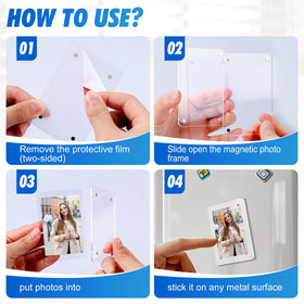 Esrich clear acrylic frame two-sided display featuring back-to-back photos on the fridge.