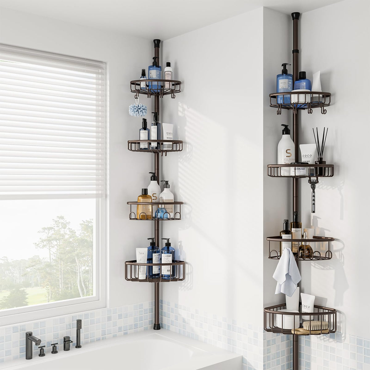 ESSEME bronze corner shower caddy installed in a bathroom corner