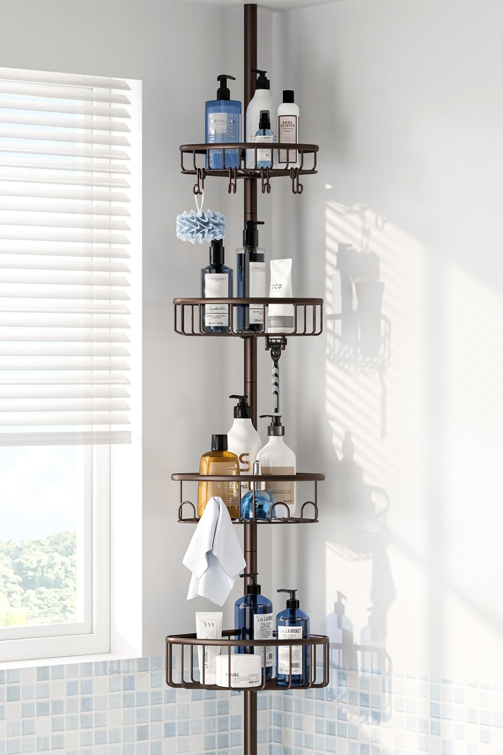 ESSEME corner shower caddy bronze top view shows corner fit and elegant finish