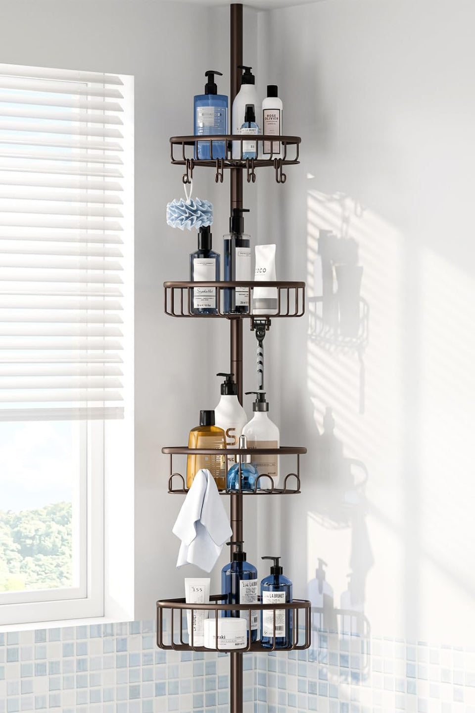 ESSEME corner shower caddy bronze top view shows corner fit and elegant finish