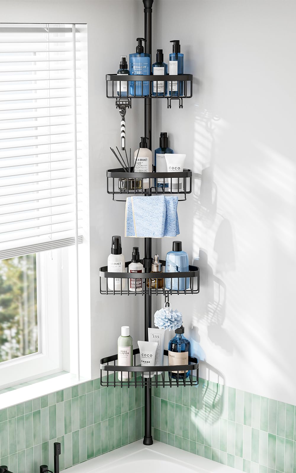 ESSEME corner shower caddy pole with four tiers keeps bottles organized in the shower