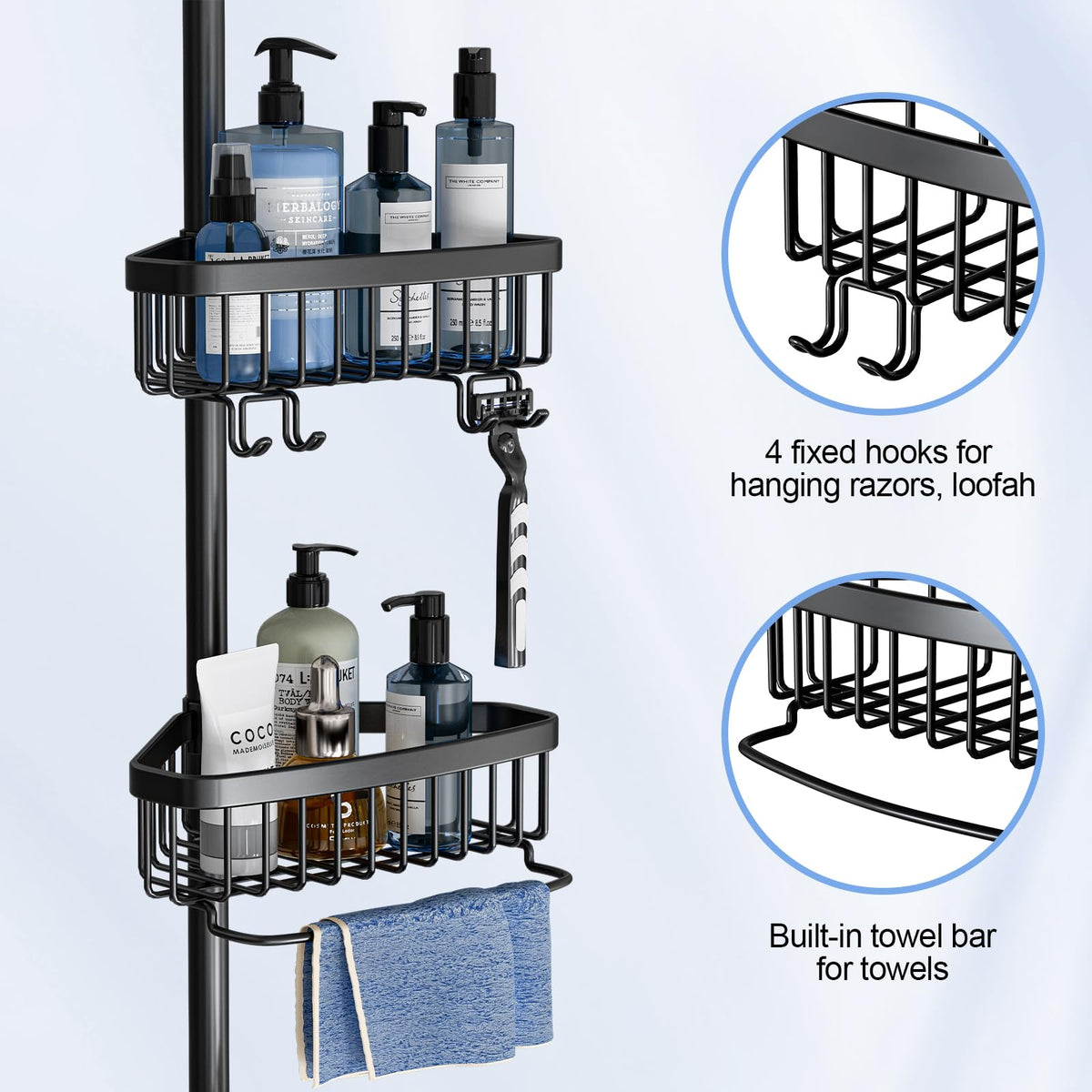 ESSEME four shelves and towel bar maximize space for bottles, razors and towels