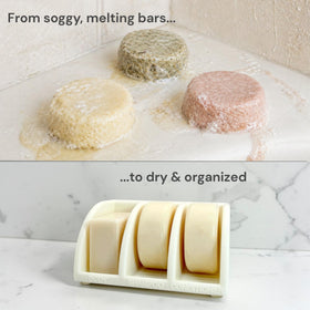 Essence & Abode 3-slot bathroom organizer neatly holds shampoo, conditioner, and soap.
