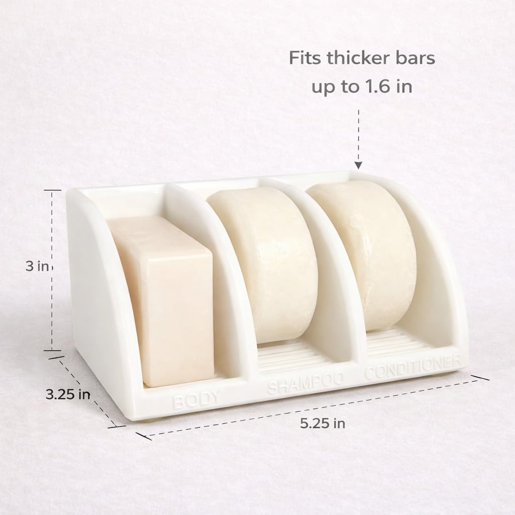 Three upright slots save space and keep bars within reach with wet hands.