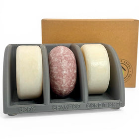 Essence & Abode shampoo bar holder 3-slot keeps bars organized and dry for longer use.