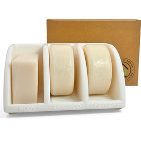Essence & Abode shampoo bar holder with drainage keeps bars dry and long-lasting.